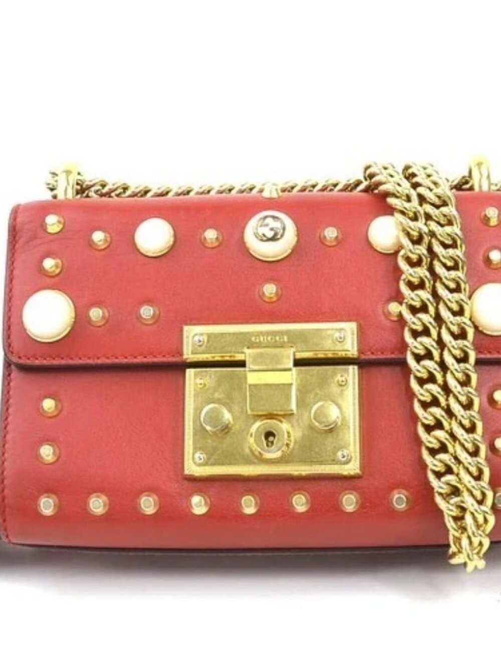 Auth GUCCI Chain Shoulder Bag Red/Gold Leather/Metal/Faux Pearl - h31797a